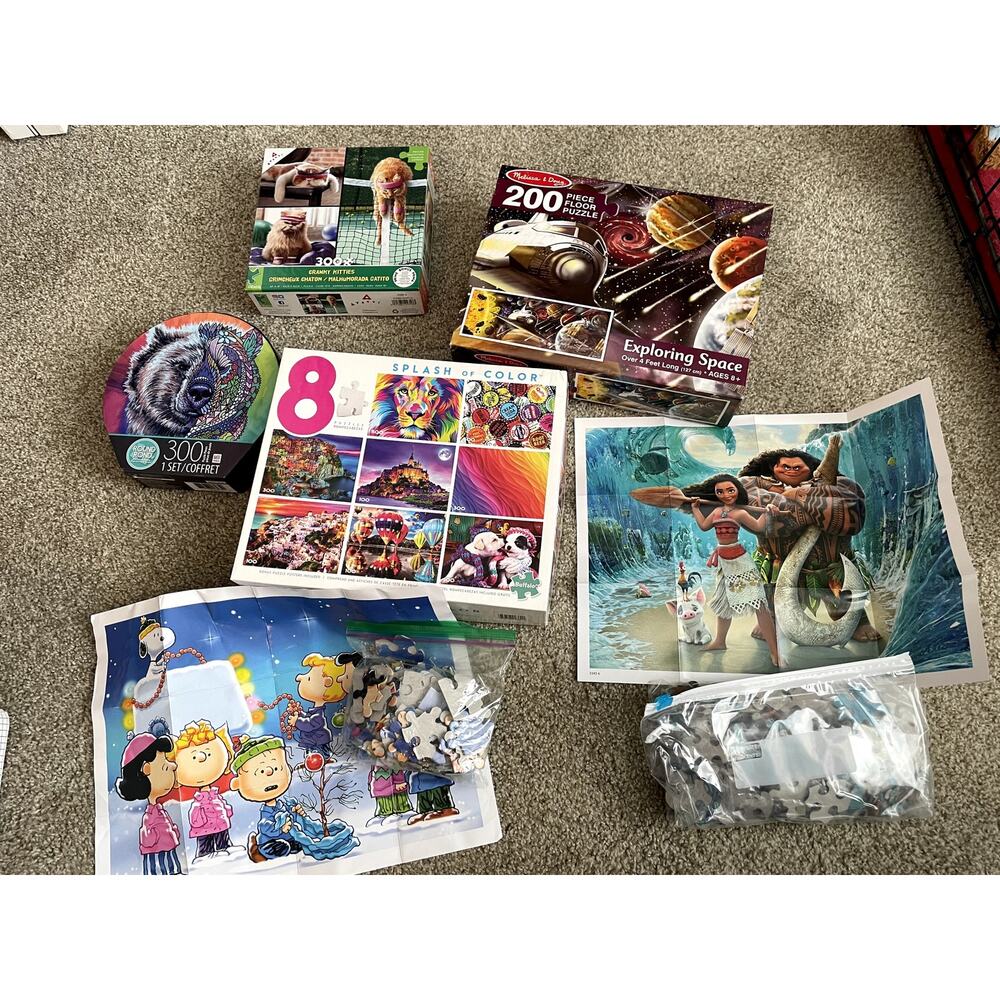 Lot of 13 Jigsaw Puzzles Moana Peanuts Splash Melissa & Doug 100-500 Pieces